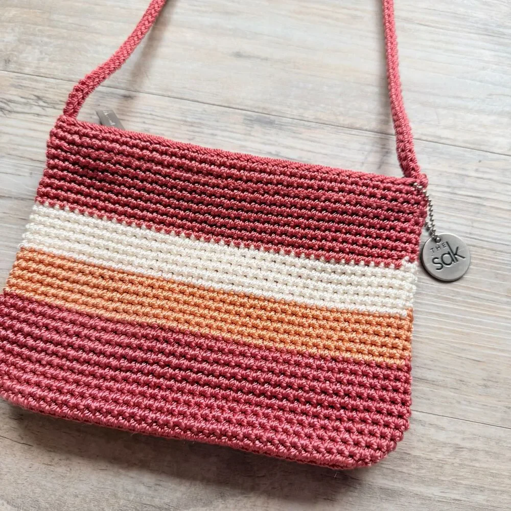 The Sak Crochet Knit Striped Shoulder Bag Y2K Boho Pink Sunset Mini Hobo Purse